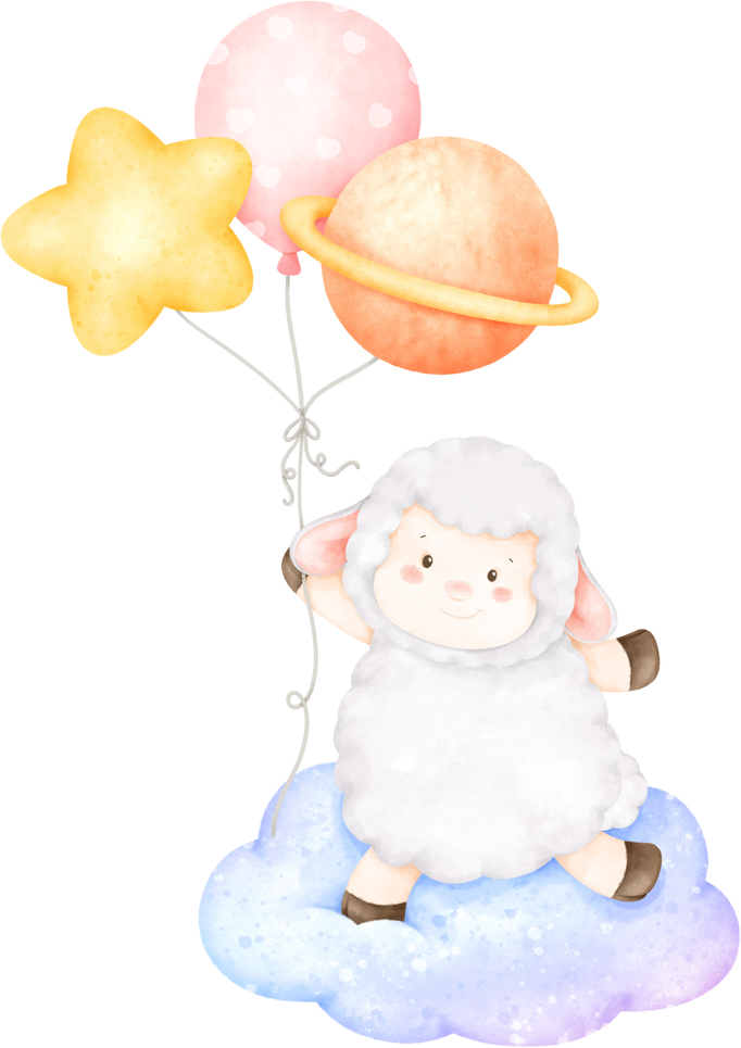 cute sheep and balloons on cloud